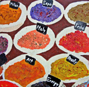 ITALIAN SPICES Olio, smalti e polveri su tela 22x22 Ingredienti per una vita felice e piccante. 14/04/2015