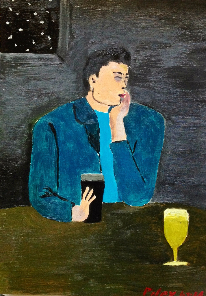 PENSIERI SERALI  Olio su cartoncino dim. 25x30 Autoritratto. In un pub irlandese il pittore immerso nei suoi pensieri. 04/01/2006