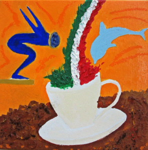 SPLASH COFFEE Olio, smalti e polveri su tela 22x22 Tuffo nel gusto italiano. 15/04/2015